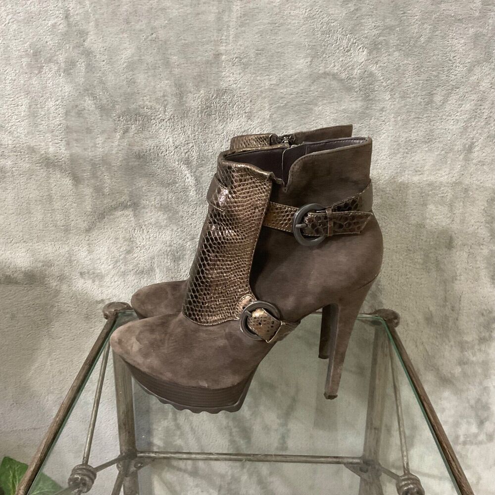 GUESS BY MARCIANO BROWN SUEDE snake print BUCKLED ZIP stacked Booties women’s 9M